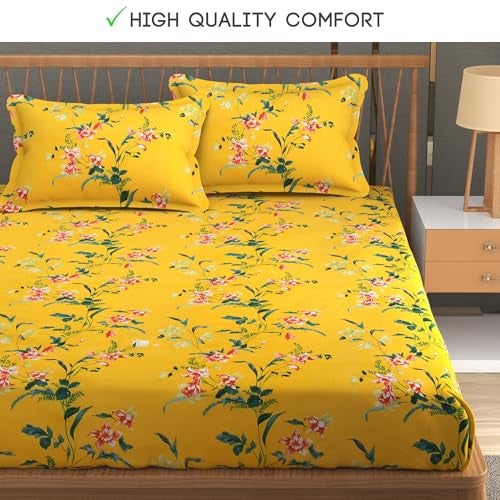 FRESH FROM LOOM Premium Glace Cotton Bedsheet | King Size for Double Bed | Hypoallergenic Soft Fabric | Anti-Fade Floral Print(Size - 90x100, Marigold Bright Yellow) - Image 2