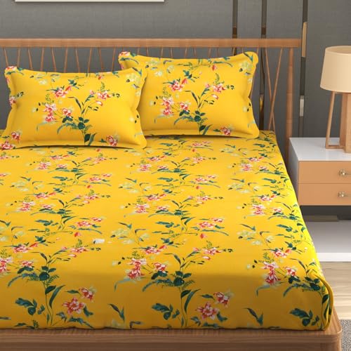 FRESH FROM LOOM Premium Glace Cotton Bedsheet | King Size for Double Bed | Hypoallergenic Soft Fabric | Anti-Fade Floral Print(Size - 90x100, Marigold Bright Yellow) - Image 1