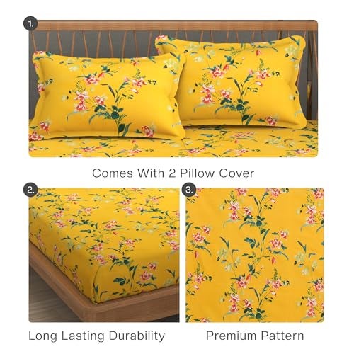 FRESH FROM LOOM Premium Glace Cotton Bedsheet | King Size for Double Bed | Hypoallergenic Soft Fabric | Anti-Fade Floral Print(Size - 90x100, Marigold Bright Yellow) - Image 4