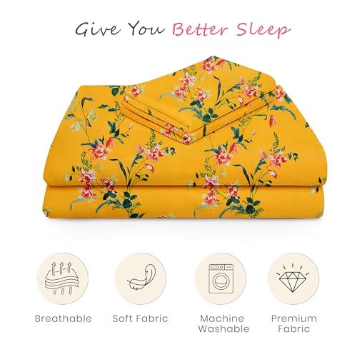 FRESH FROM LOOM Premium Glace Cotton Bedsheet | King Size for Double Bed | Hypoallergenic Soft Fabric | Anti-Fade Floral Print(Size - 90x100, Marigold Bright Yellow) - Image 5