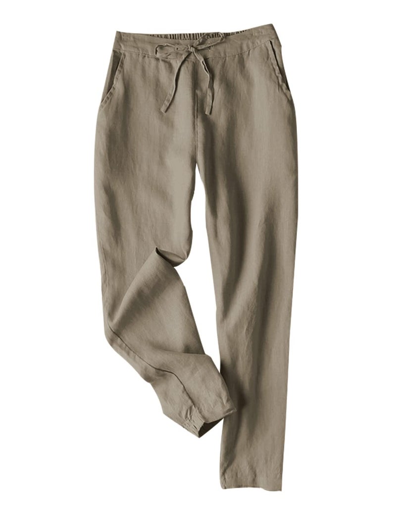 Tanming Linen Pants for Women Summer Casual High Waisted Drawstring White Beach Pant (Tan, M) - Image 1
