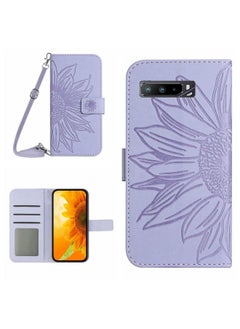 HuHa Case Cover For Asus ROG Phone 3 ZS661KS Skin Feel Sun Flower Pattern Flip Leather Phone Case with Lanyard Purple 