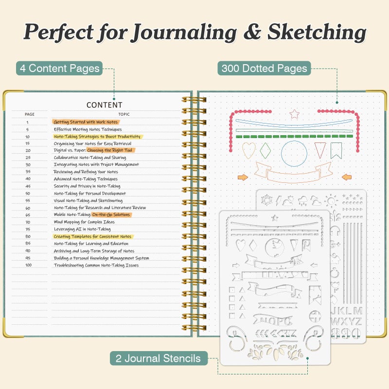 OMEYA Bullet Dotted Journal Spiral Notebook, 300 Pages Leather Notebooks with Contens, 120 GSM Thick No Bleed Through Paper Journals, A4 Large Dot Grid Notebook for Women Men Work Writing, 8.5" x 11", Black - Image 3
