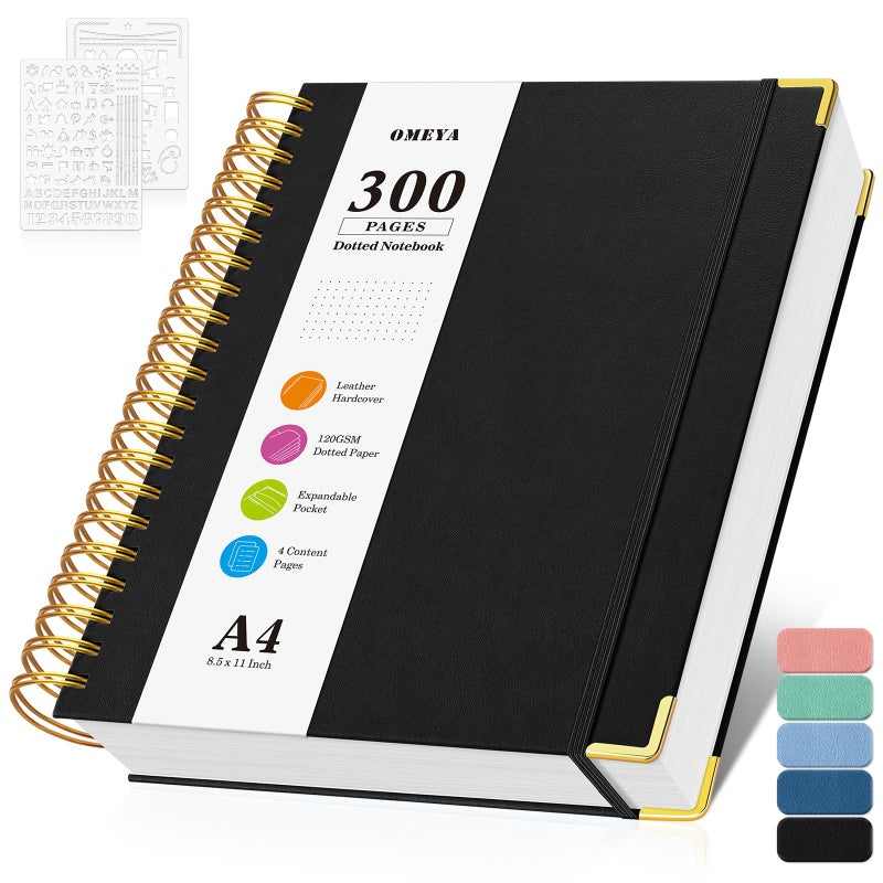 OMEYA Bullet Dotted Journal Spiral Notebook, 300 Pages Leather Notebooks with Contens, 120 GSM Thick No Bleed Through Paper Journals, A4 Large Dot Grid Notebook for Women Men Work Writing, 8.5" x 11", Black - Image 1