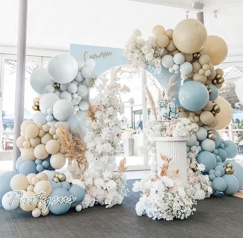 Partycus Dusty Blue White Sand Balloon Garland Double Stuffed Pastel Light Blue Cream Beige Matte Balloon Arch Kit with Gold Latex for Neutral Baby Shower Bridal Wedding Birthday Easter Party - Image 1