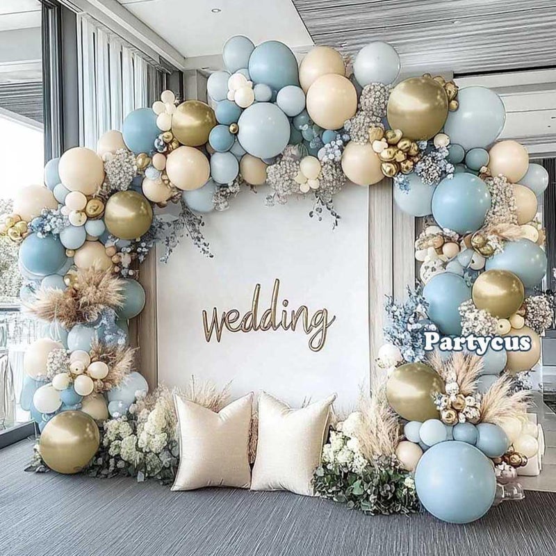 Partycus Dusty Blue White Sand Balloon Garland Double Stuffed Pastel Light Blue Cream Beige Matte Balloon Arch Kit with Gold Latex for Neutral Baby Shower Bridal Wedding Birthday Easter Party - Image 2