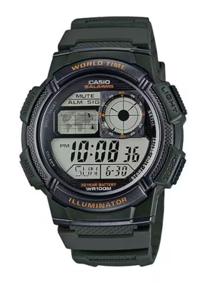 Casio AE-1000W-3AVDF – World Time Digital Watch with 10 Year Battery Green Resin Band LED Illuminator Stopwatch Countdown Timer 100 Meter Water Resistant. - Image 1