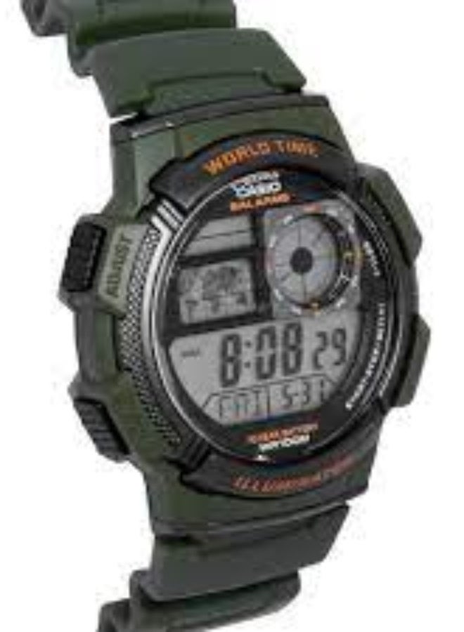 Casio AE-1000W-3AVDF – World Time Digital Watch with 10 Year Battery Green Resin Band LED Illuminator Stopwatch Countdown Timer 100 Meter Water Resistant. - Image 2