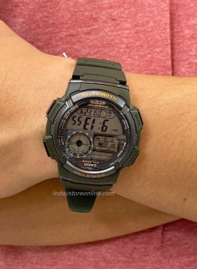 Casio AE-1000W-3AVDF – World Time Digital Watch with 10 Year Battery Green Resin Band LED Illuminator Stopwatch Countdown Timer 100 Meter Water Resistant. - Image 3