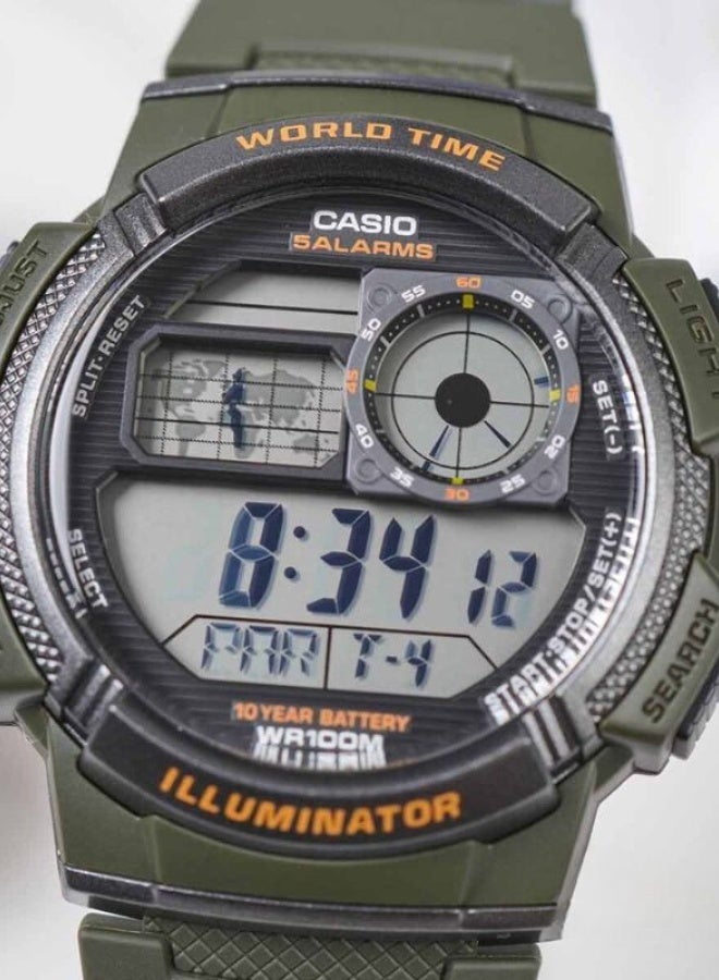 Casio AE-1000W-3AVDF – World Time Digital Watch with 10 Year Battery Green Resin Band LED Illuminator Stopwatch Countdown Timer 100 Meter Water Resistant. - Image 4