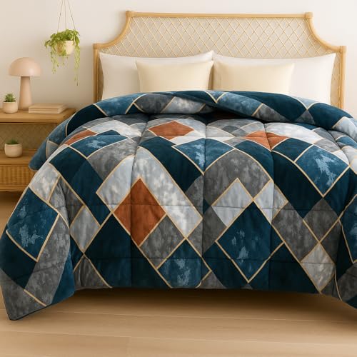 VAS COLLECTIONS 3 Layered Winter Quilt/Rajai 600 GSM | Heavy Thick & Fluffy Comforter for Double Bed | Ultra Warm Blanket for Extreme Cold | Quilted Floral Blue, Orange & Grey (3 Kg) - Image 1