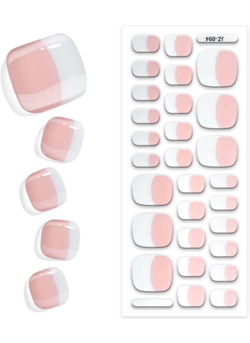King Horse Semi Cured Gel Toenail Strips Glossy French Gel Pedicure Stickers Long Lasting Gel Nail Pedi Strips Salon Quality Nail Wraps Semi-Cured Toe Nail Stickers (Classic French Z094) 