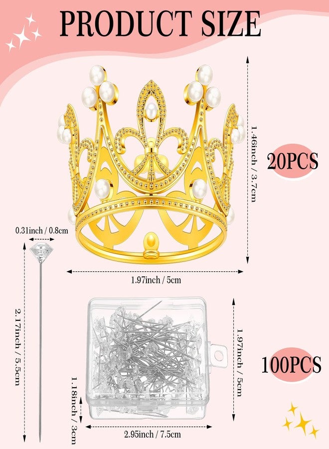 سوريو 100 قطعة من دبابيس باقة الزفاف من Sureio للزهور و20 قطعة من دبابيس رأس تاج كعكة على شكل زهرة من أحجار الراين وزينة كعكة عيد ميلاد صغيرة لحفلات أعياد الميلاد والزفاف (ذهبي) - Image 2