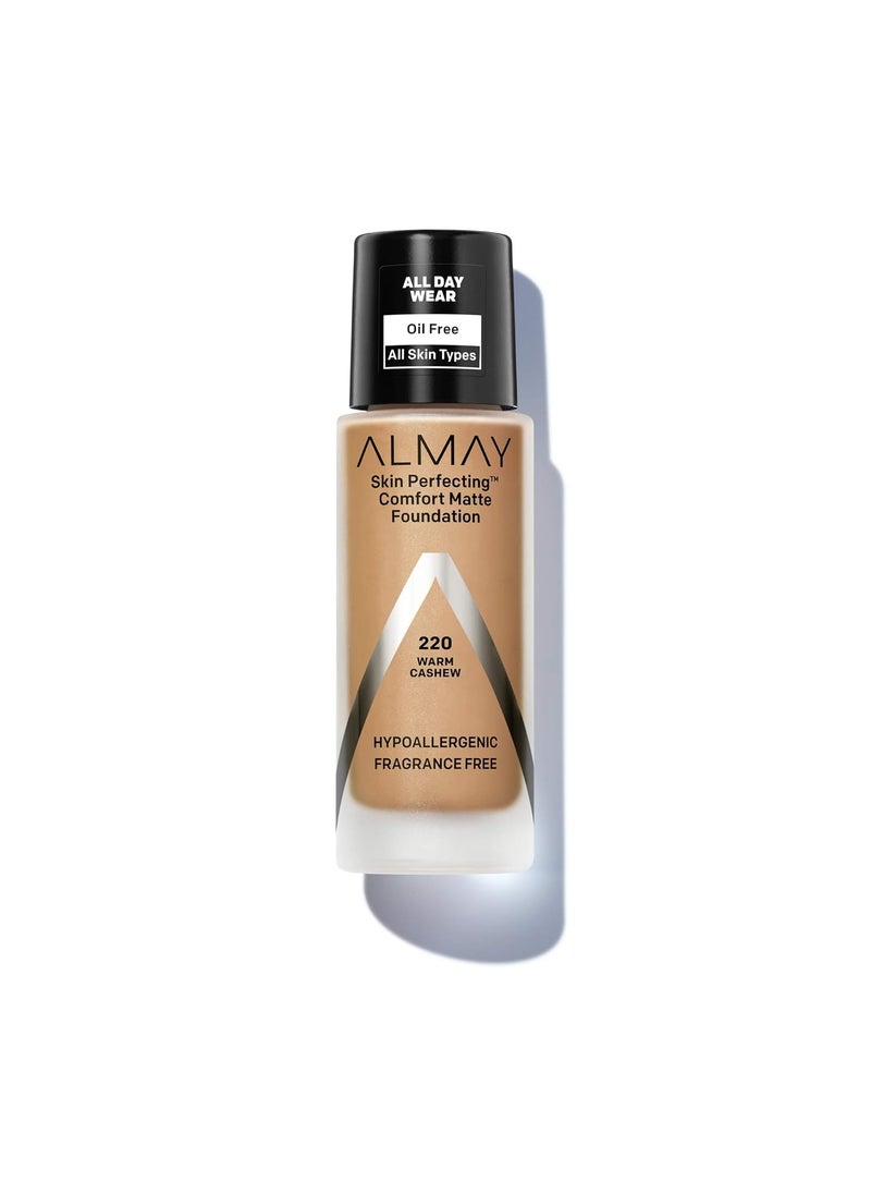 Almay - Almay Skin Perfecting Comfort Matte Foundation Liquid Makeup, Hypoallergenic, Cruelty- & Fragrance-Free, Dermatologist-Tested, 220 Warm Cashew, 1 fl oz - Image 1
