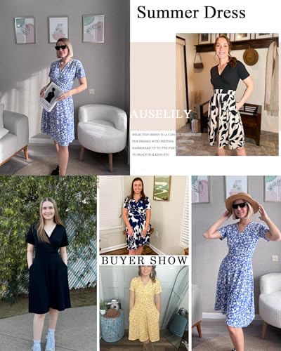 AUSELILY Petite Dresses Floral Short Sleeve Knee Length Wrap V Neck Dress with Pockets, Green Horseshoe S - Image 5