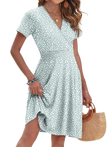 AUSELILY Petite Dresses Floral Short Sleeve Knee Length Wrap V Neck Dress with Pockets, Green Horseshoe S - Image 2