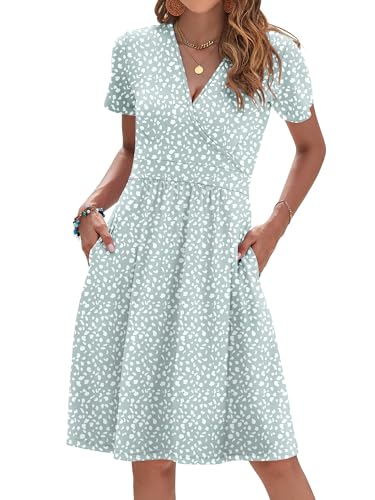 AUSELILY Petite Dresses Floral Short Sleeve Knee Length Wrap V Neck Dress with Pockets, Green Horseshoe S - Image 1