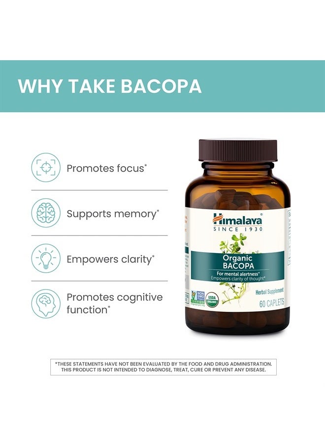 Himalaya - Organic Bacopa Monnieri Nootropic Herbal Supplement, Mental Alertness, Supports Calm, Memory, Cognition, USDA Organic, Non-GMO, 750 mg, 60 Plant-Based Caplets, 2 Pack, 120 Day Supply - Image 1