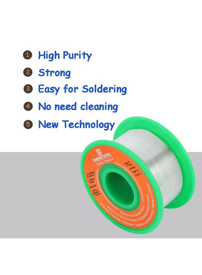 E ENERSYSTEC Solder Wire No Lead Rosin Core Flux 0.8mm Electric Solder Fine Sn99 Ag0.3 Cu0.7 Flow 0.032in 0.11lb for Electronics Soldering Unlead 50g - Image 4