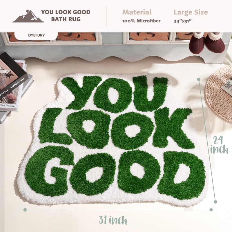 DyeFury ?????????? ????"" ??????"" You Look Good Bath Mat Green Cute Cool Bathroom Rug Fun Bathroom Mats Funny Funky Bathroom Decor Soft Microfiber Bath Rug  Trendy Green Bath Shower Mat - Image 2