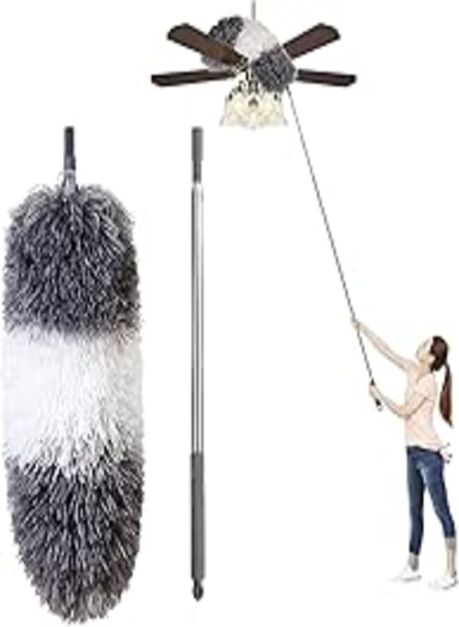 ZERIFAM Microfiber Duster, Feather Duster with 280cm Stainless Steel Extension Pole, Reusable Bendable Head, Extendable Duster for Cleaning High Ceiling Fan, Furniture, Blinds, Car, Cobweb, Gap Dust