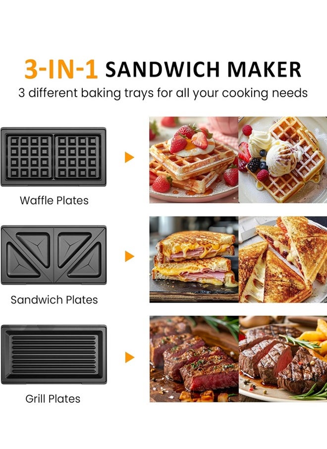 Hoffmans 3-in-1 Sandwich Maker,1000W Waffle Maker,Panini Press,Toastie Maker,Removable Non-stick Plates & automatic temperature adjustment  & Indicator Lights,HM-3019  - Image 2