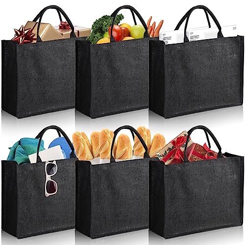 DEAYOU 6 Pack Large Jute Burlap Tote Bag, Black Jute Beach Bag with Laminated Interior, Burlap Gift Tote with Handle, Reusable Lined Market Grocery Shopping Bag for DIY, Wedding,15.4''x12.2''x5.9'' - Image 3