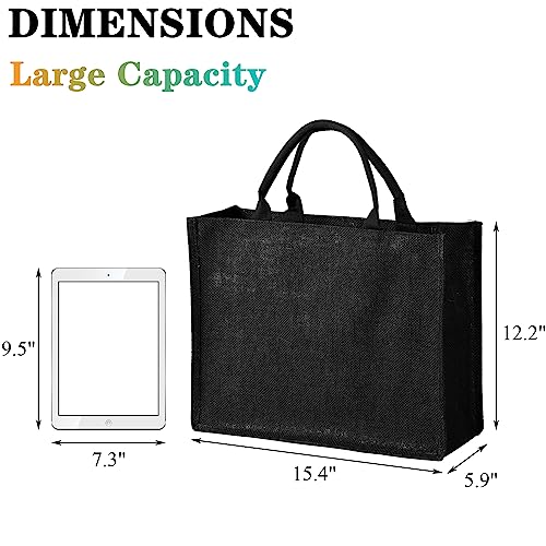 DEAYOU 6 Pack Large Jute Burlap Tote Bag, Black Jute Beach Bag with Laminated Interior, Burlap Gift Tote with Handle, Reusable Lined Market Grocery Shopping Bag for DIY, Wedding,15.4''x12.2''x5.9'' - Image 2