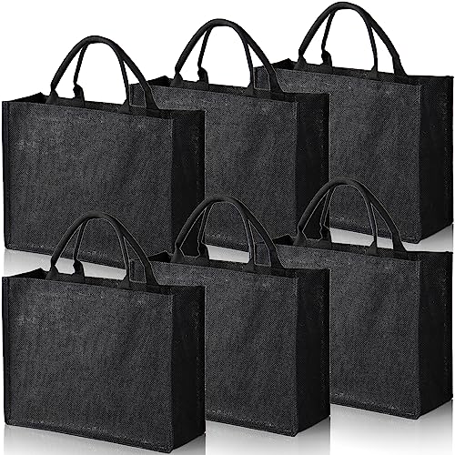 DEAYOU 6 Pack Large Jute Burlap Tote Bag, Black Jute Beach Bag with Laminated Interior, Burlap Gift Tote with Handle, Reusable Lined Market Grocery Shopping Bag for DIY, Wedding,15.4''x12.2''x5.9'' - Image 1