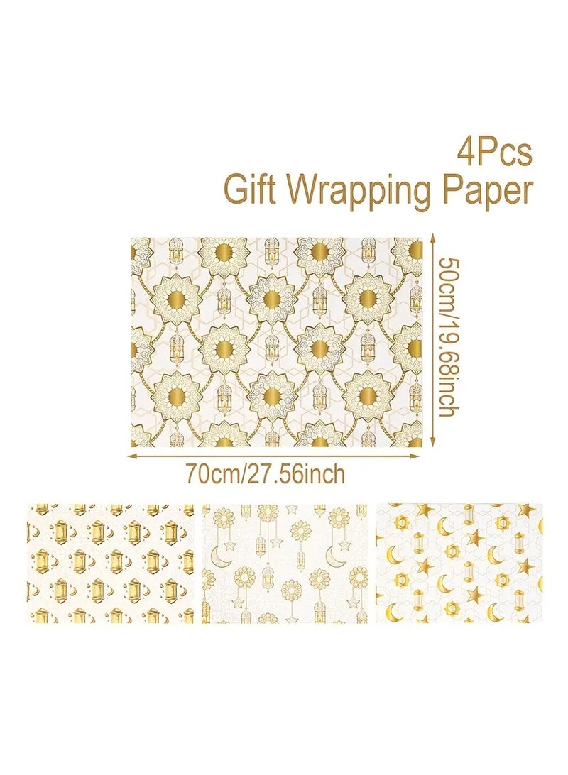 4 قطع، ورق تغليف ذهبي أبيض لعيد مبارك، عيد مبارك ورمضان أبيض ذهبي فانوس القمر ونجوم مسطحة لتغليف الهدايا الفنية، مثالية لتزيين تغليف هدايا رمضان مسلم مبارك - 69.85 × 49.78 سم - Image 1