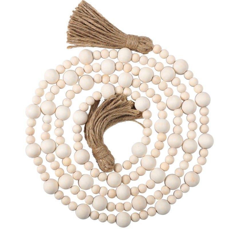 Jetec 79 Feet Wood Beaded Garlands with Tassels Christmas Hanging Ornaments Boho Farmhouse Decor Xmas Rustic Wooden Beads Garland for Christmas Table Wall Hanging DecorWood Color