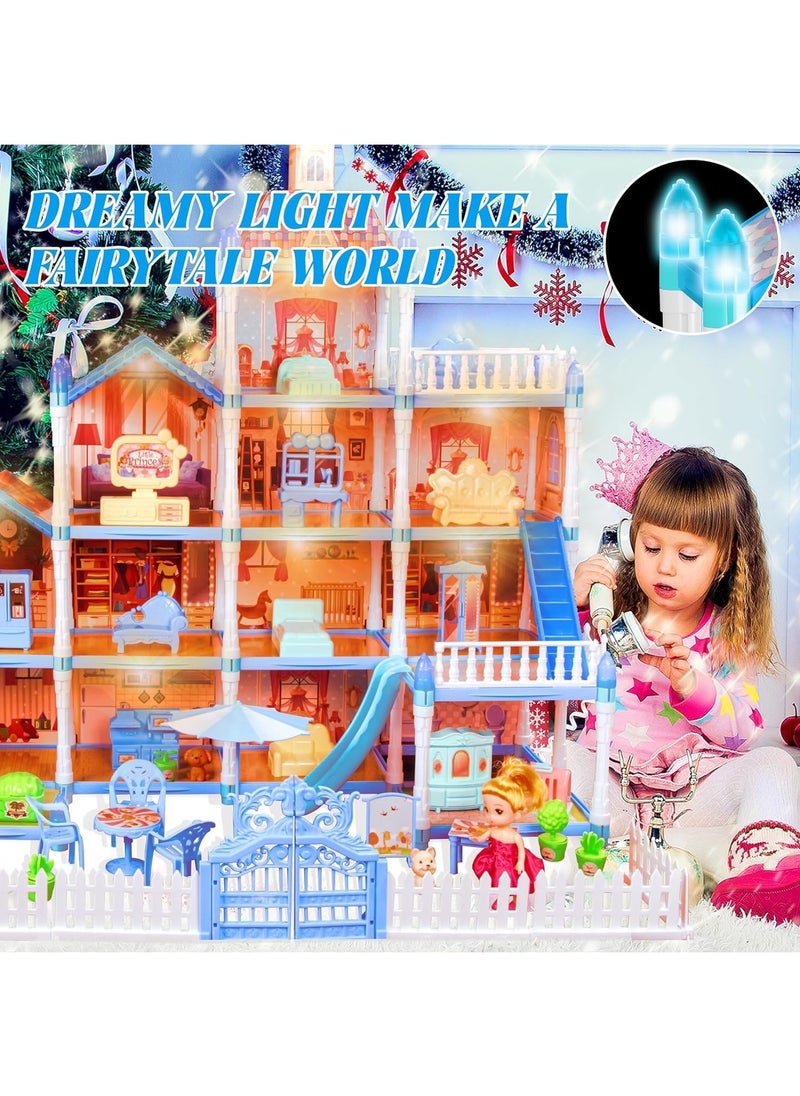Gonice Doll House, Doll House for Girls, 11 Rooms Dollhouse with Dolls Figure, Puppies,Furnitures, Accessories, LED Light, Toddler Playhouse Gift for for 3 4 5 6 7 8 9 10 Year Old Girls Toys (Blue)  - Image 3