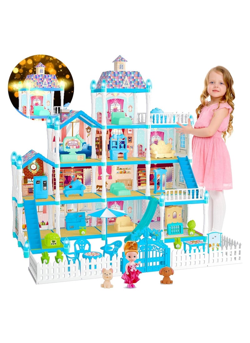 Gonice Doll House, Doll House for Girls, 11 Rooms Dollhouse with Dolls Figure, Puppies,Furnitures, Accessories, LED Light, Toddler Playhouse Gift for for 3 4 5 6 7 8 9 10 Year Old Girls Toys (Blue)  - Image 1