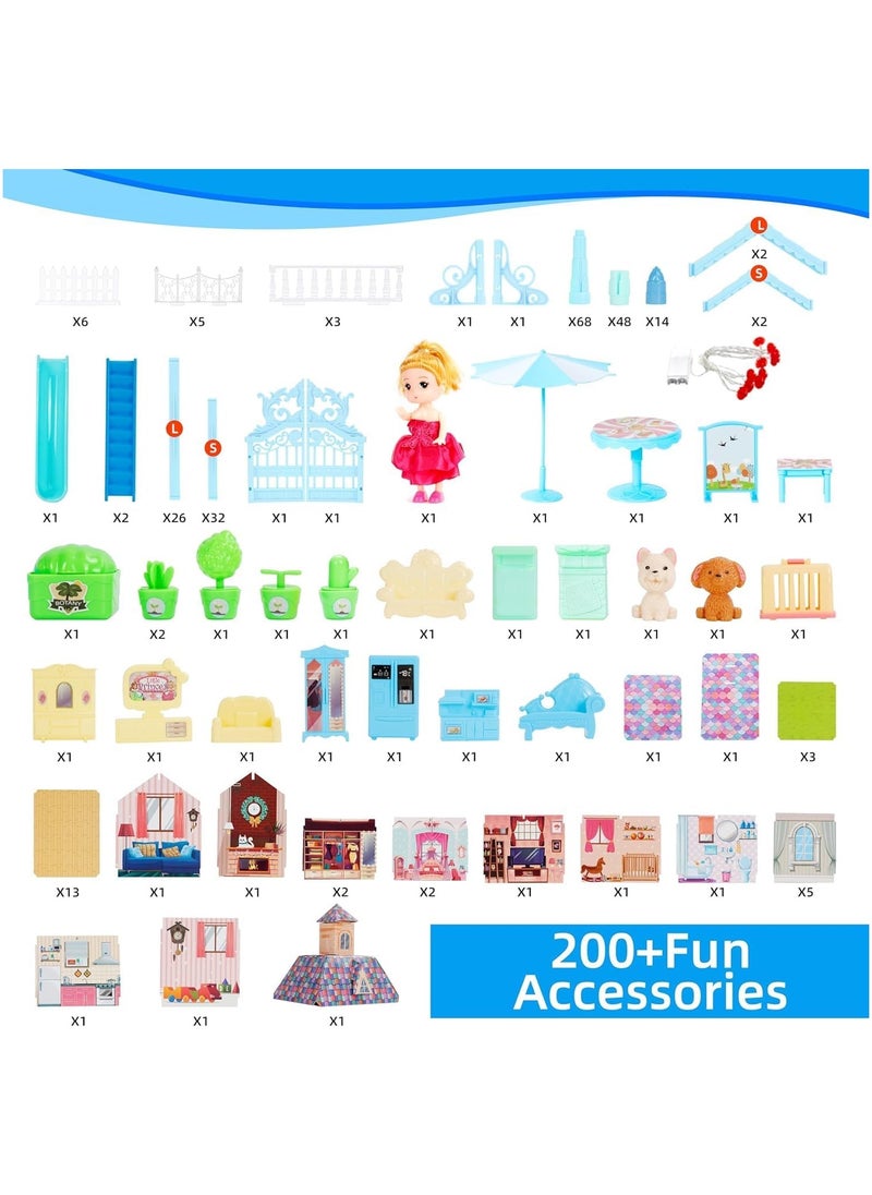 Gonice Doll House, Doll House for Girls, 11 Rooms Dollhouse with Dolls Figure, Puppies,Furnitures, Accessories, LED Light, Toddler Playhouse Gift for for 3 4 5 6 7 8 9 10 Year Old Girls Toys (Blue)  - Image 4