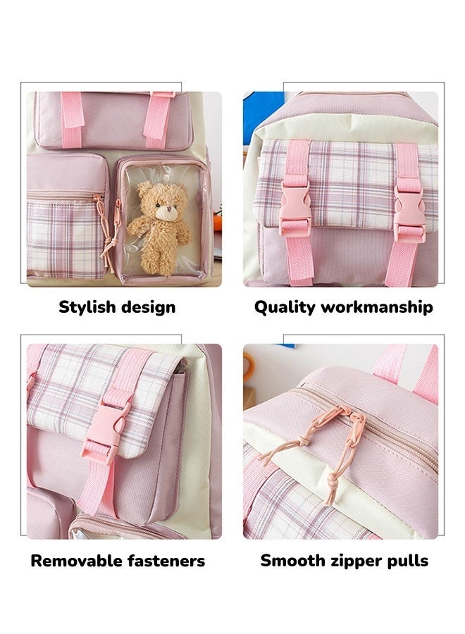 الدليبن طقم حقائب ظهر للأطفال مكون من 4 قطع، حقائب مدرسية للأطفال، حقائب ظهر مدرسية لطيفة، حقيبة ظهر متعددة الجيوب، حقائب مدرسية للأطفال من المرحلة الابتدائية والمتوسطة، سعة كبيرة، حقيبة للدراسة، حقيبة كروس، مقلمة، طقم من 4 قطع (وردي) - Image 3
