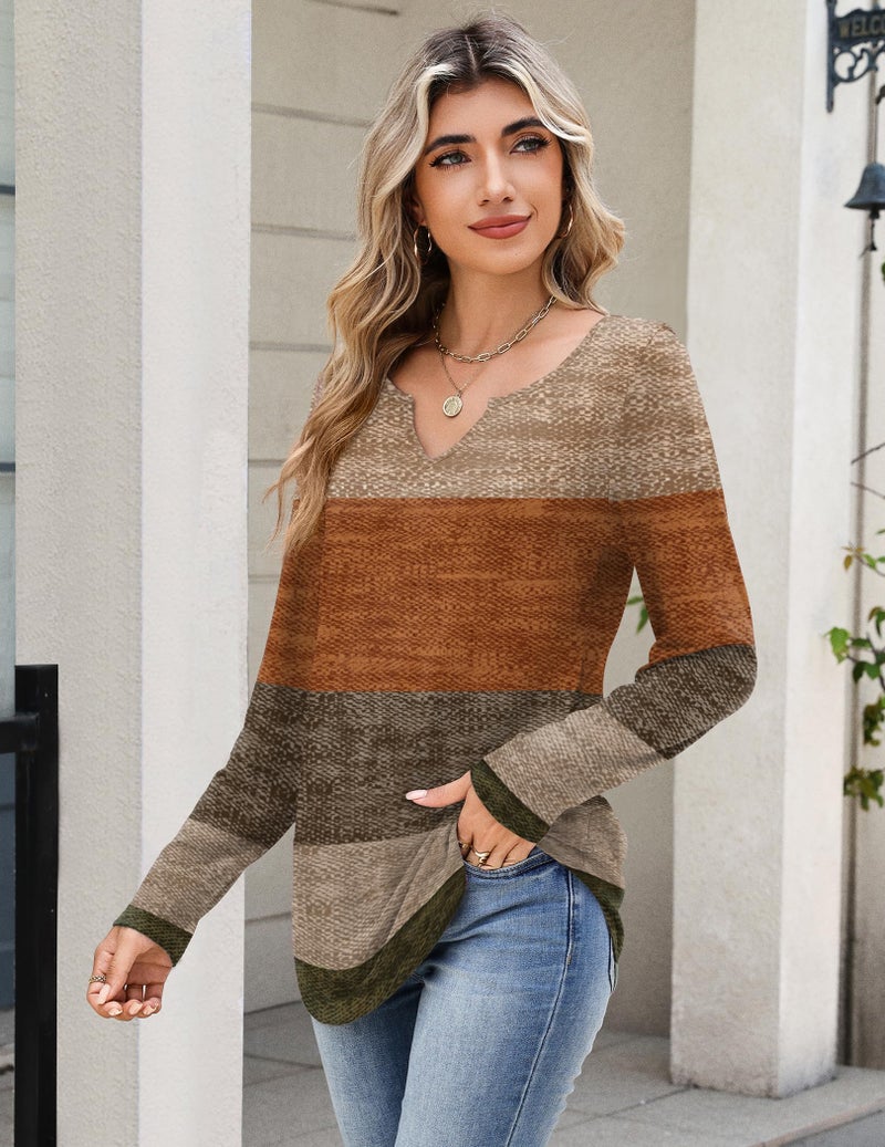 Zeagoo Long Sleeve Shirts for Women Thanksgiving Spring Boho Tops Dressy Casual V-Neck Fashion Cute Blouse for Work XXL Caramel - Image 3