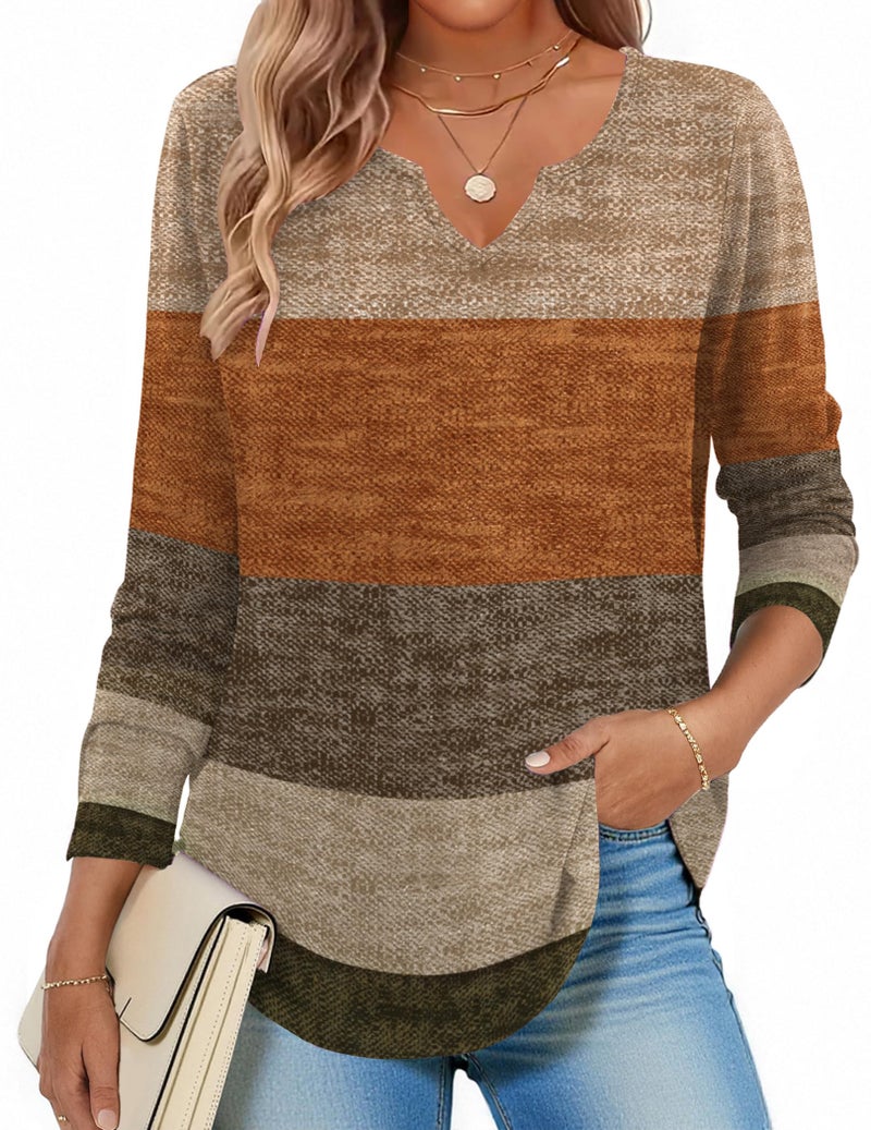 Zeagoo Long Sleeve Shirts for Women Thanksgiving Spring Boho Tops Dressy Casual V-Neck Fashion Cute Blouse for Work XXL Caramel - Image 1