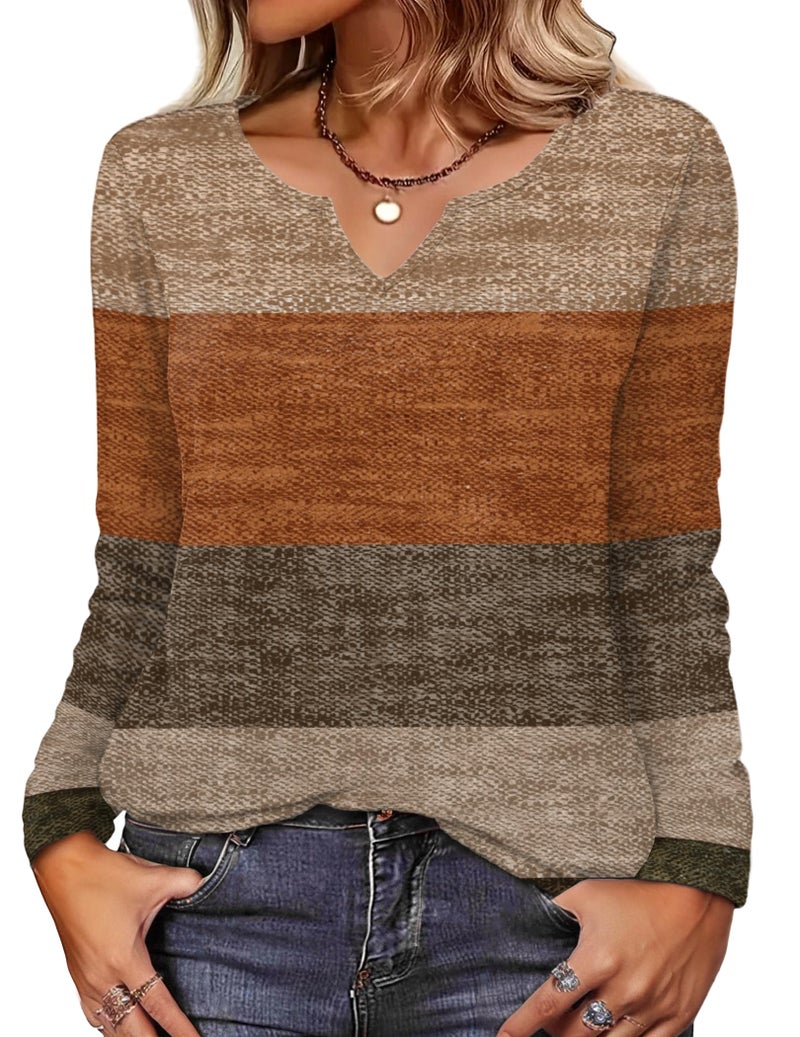 Zeagoo Long Sleeve Shirts for Women Thanksgiving Spring Boho Tops Dressy Casual V-Neck Fashion Cute Blouse for Work XXL Caramel - Image 2