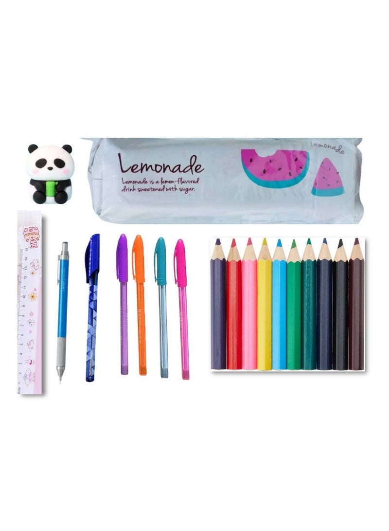 21-piece school supplies set (pencil case with zipper + 4 fluorescent colors + 12 wood colors + pencil + eraser and sharpener + pen + 15 cm ruler) - Image 1