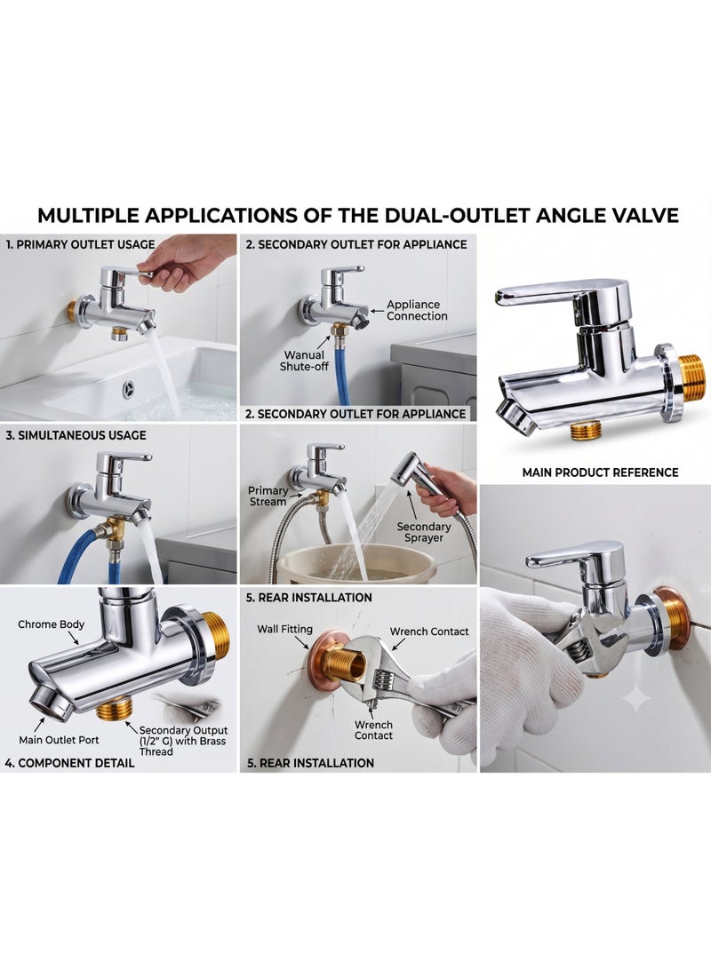 Durable 2 Way Water Hose Dispenser Bar G1/2 Inch Commercial Home Shower Mixer Wall Mount – Solid Brass Chrome Finish Water Control Valve Switch for Bathroom, Home, and Commercial Use - Image 2