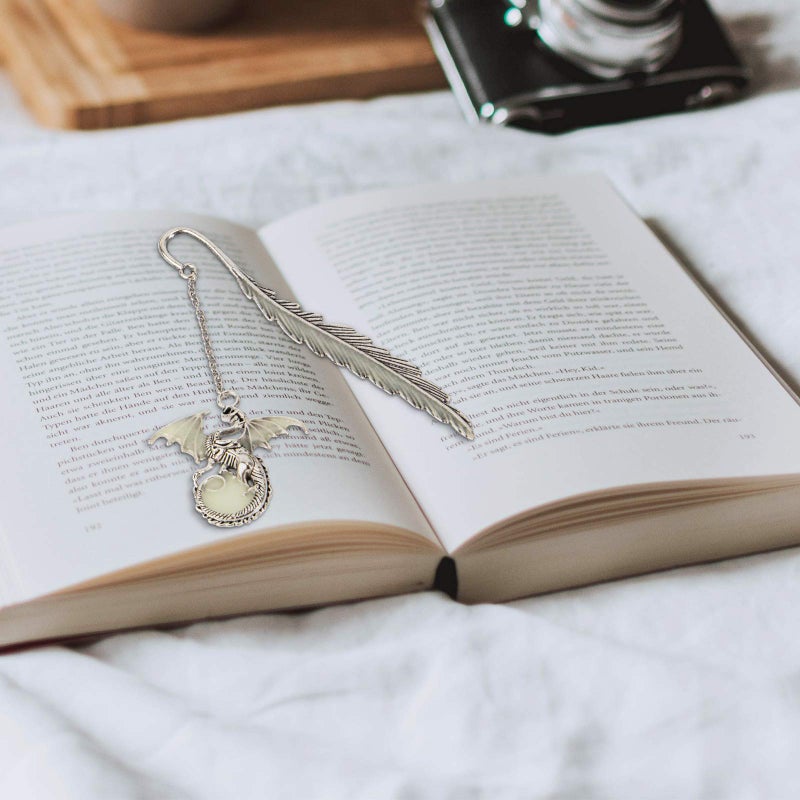 Cacukap Vintage Feather Dragon Metal Bookmark, Glow in The Dark Dragon Gift, Fantasy Bookmark Gifts, Cool for Women Men, Reading Lovers (Antique Silver Dragon) - Image 5