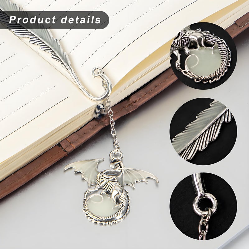 Cacukap Vintage Feather Dragon Metal Bookmark, Glow in The Dark Dragon Gift, Fantasy Bookmark Gifts, Cool for Women Men, Reading Lovers (Antique Silver Dragon) - Image 3
