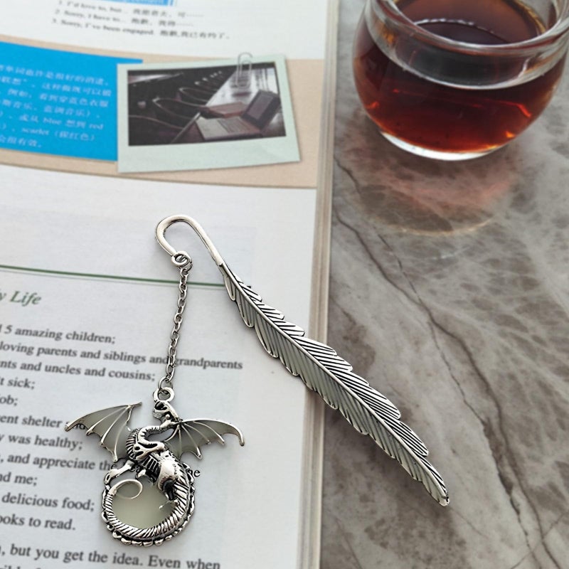 Cacukap Vintage Feather Dragon Metal Bookmark, Glow in The Dark Dragon Gift, Fantasy Bookmark Gifts, Cool for Women Men, Reading Lovers (Antique Silver Dragon) - Image 4