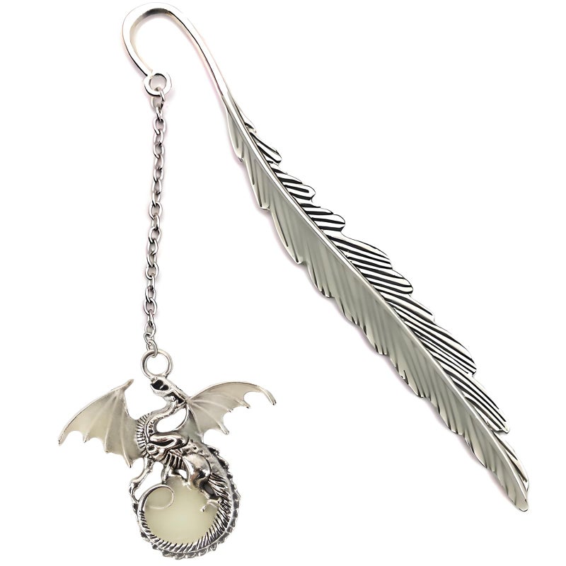 Cacukap Vintage Feather Dragon Metal Bookmark, Glow in The Dark Dragon Gift, Fantasy Bookmark Gifts, Cool for Women Men, Reading Lovers (Antique Silver Dragon) - Image 1