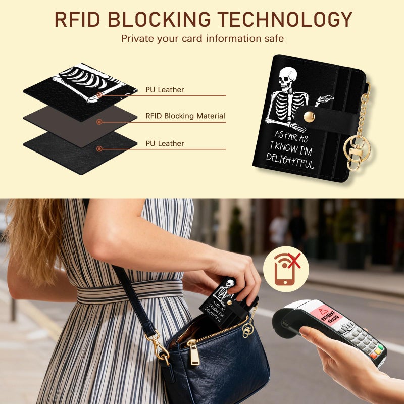 Jogjam Skull Skeleton Rfid Women Wallet, Small Slim Thin Credit Card Wallet, PU Leather Bifold Cash Zipper Coin Pocket ID Window for Female Ladies Teen Girls Girly - Image 3