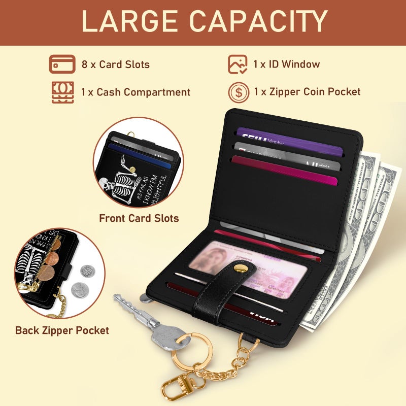 Jogjam Skull Skeleton Rfid Women Wallet, Small Slim Thin Credit Card Wallet, PU Leather Bifold Cash Zipper Coin Pocket ID Window for Female Ladies Teen Girls Girly - Image 4