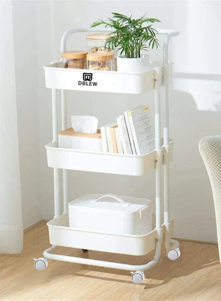 DBLEW عربة تخزين متعددة الوظائف بثلاثة أرفف مع عجلات قابلة للقفل للحمام والمطبخ والمكتب باللون الأبيض - Image 1