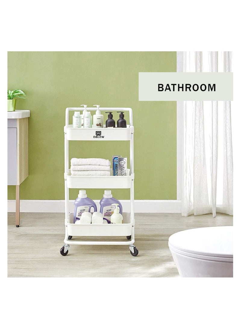 DBLEW عربة تخزين متعددة الوظائف بثلاثة أرفف مع عجلات قابلة للقفل للحمام والمطبخ والمكتب باللون الأبيض - Image 4