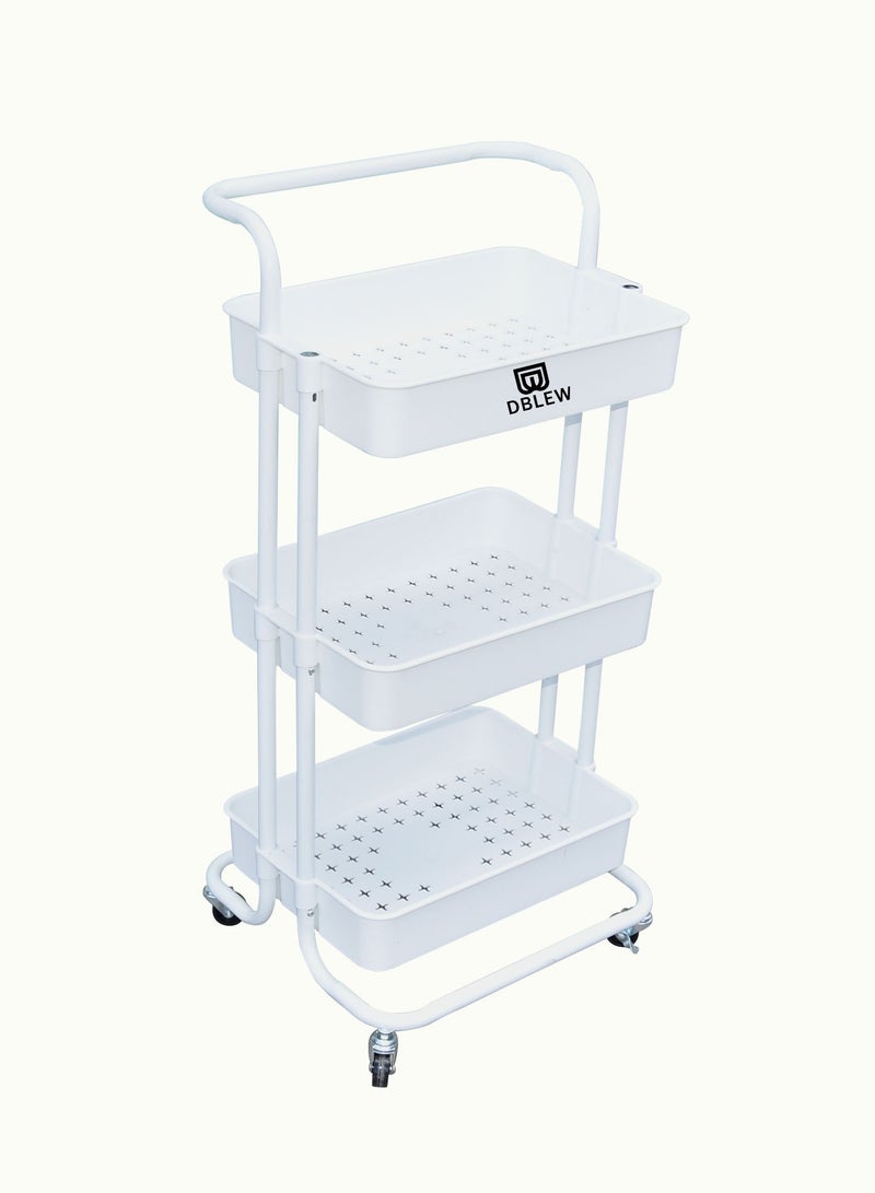 DBLEW عربة تخزين متعددة الوظائف بثلاثة أرفف مع عجلات قابلة للقفل للحمام والمطبخ والمكتب باللون الأبيض - Image 2