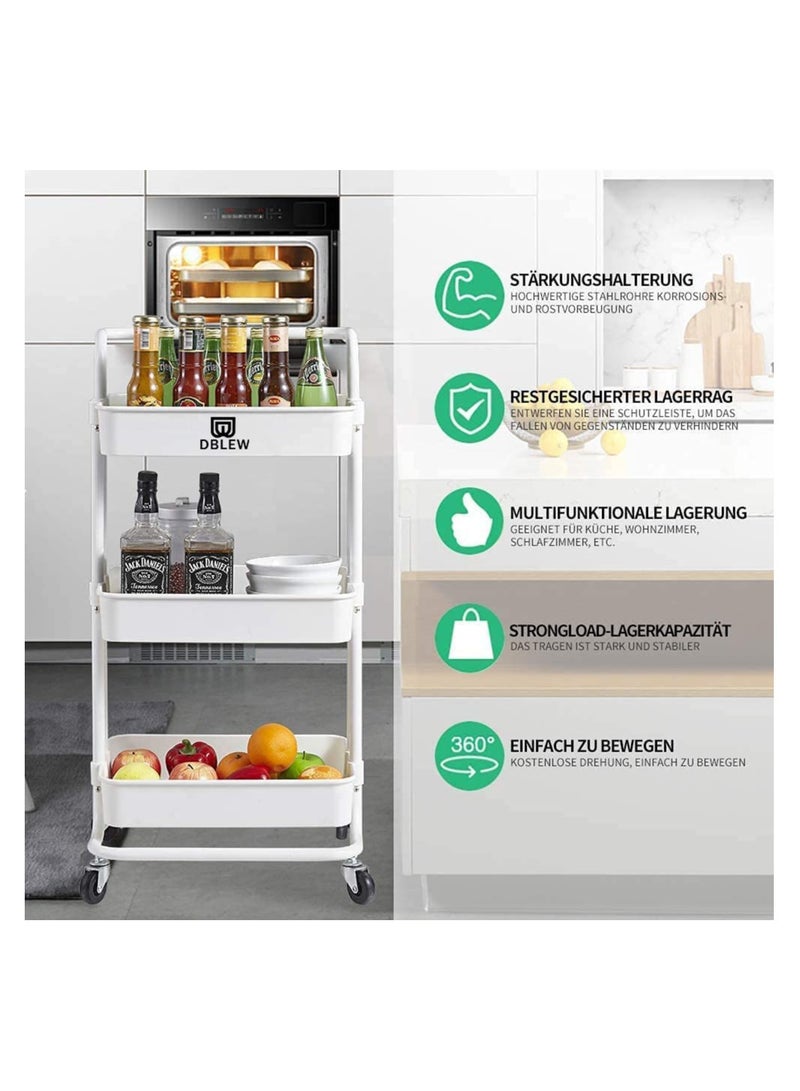 DBLEW عربة تخزين متعددة الوظائف بثلاثة أرفف مع عجلات قابلة للقفل للحمام والمطبخ والمكتب باللون الأبيض - Image 5